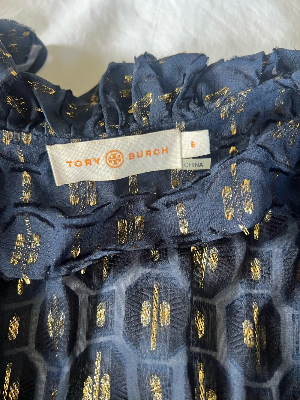 Tory Burch Navy Metallic Clip Dot Ruffle Midi Dress Size 6